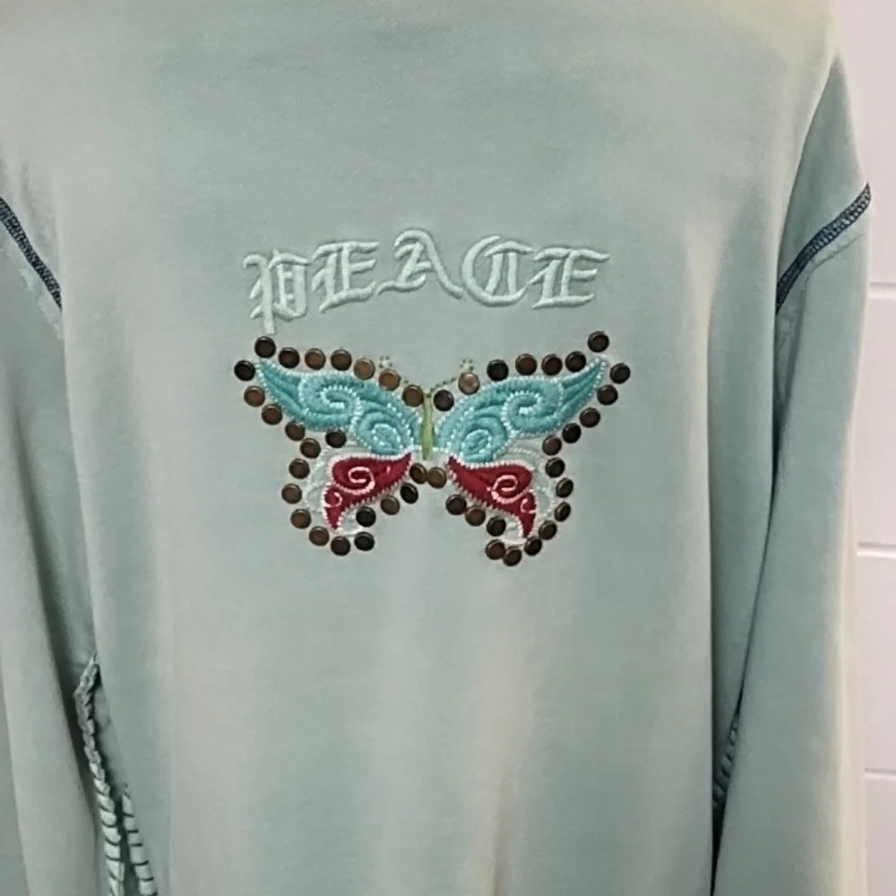 True Grit Lrg PEACE Butterfly Embroider Studs Light Green Hoodie Zip Sweatshirt